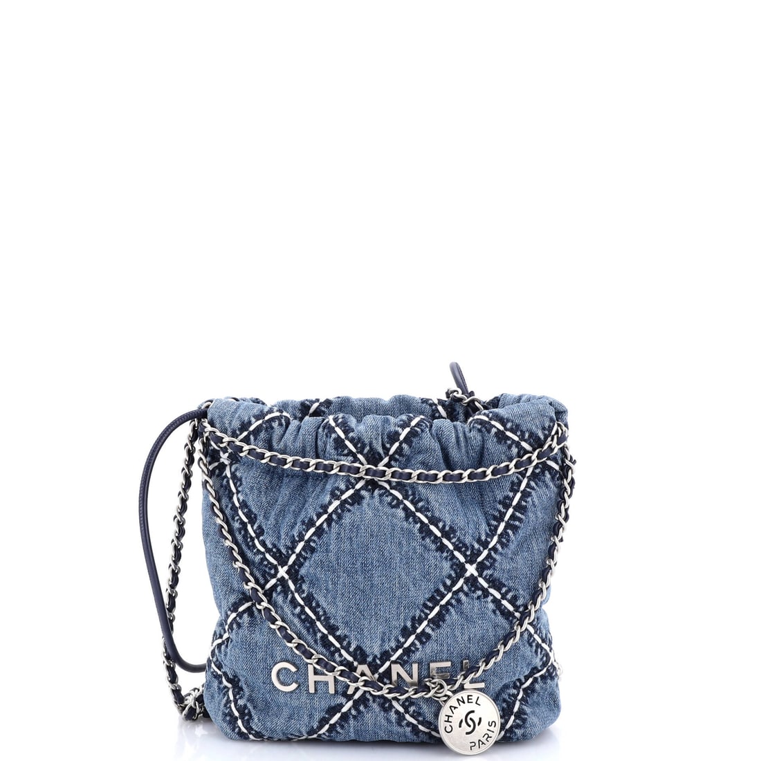 Chanel 22 Chain Hobo Quilted Stitched Denim: Stitched denim gives the 22 a matte surface where topstitching traces every quilt line. Offered at Grade B - Excellent. Compact at 6.5 inches wide by 7.5 high and 2.5 deep, it takes a daily small kit 