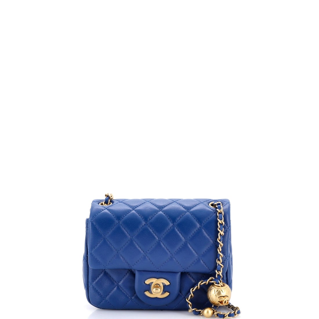 Chanel Pearl Crush Square Flap Bag Quilted Lambskin: The chain's pearl accents catch more light than the quilting does, which is the trade this line makes. Six by five by three inches gives the bag a small, upright stance on the body. It hangs at 22.5 i