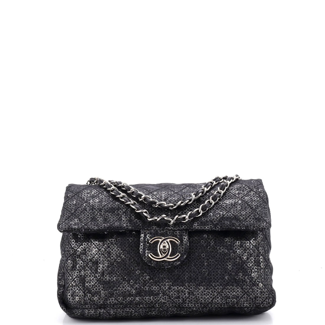 Chanel Hidden Sequins Flap Bag Sequins: Sequins cover the entire body of this flap, and at 12 inches wide by 9 high it is maxi-scale evening drama rather than a small novelty. The 3.5 inch depth means it genuinely carries, so dinner and wha