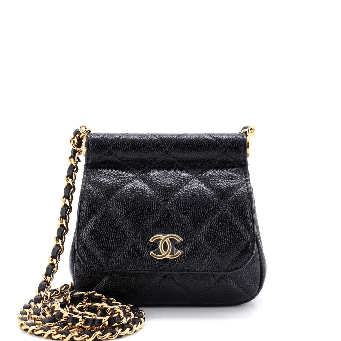 Chanel CC Frame Flap Clutch with Chain Quilted Caviar: A rigid metal frame gives this quilted caviar clutch a clean top line the softer flaps do not have. At 4.5 by 5 inches it is the smallest read on this shape, closer to an evening pouch than a day bag,