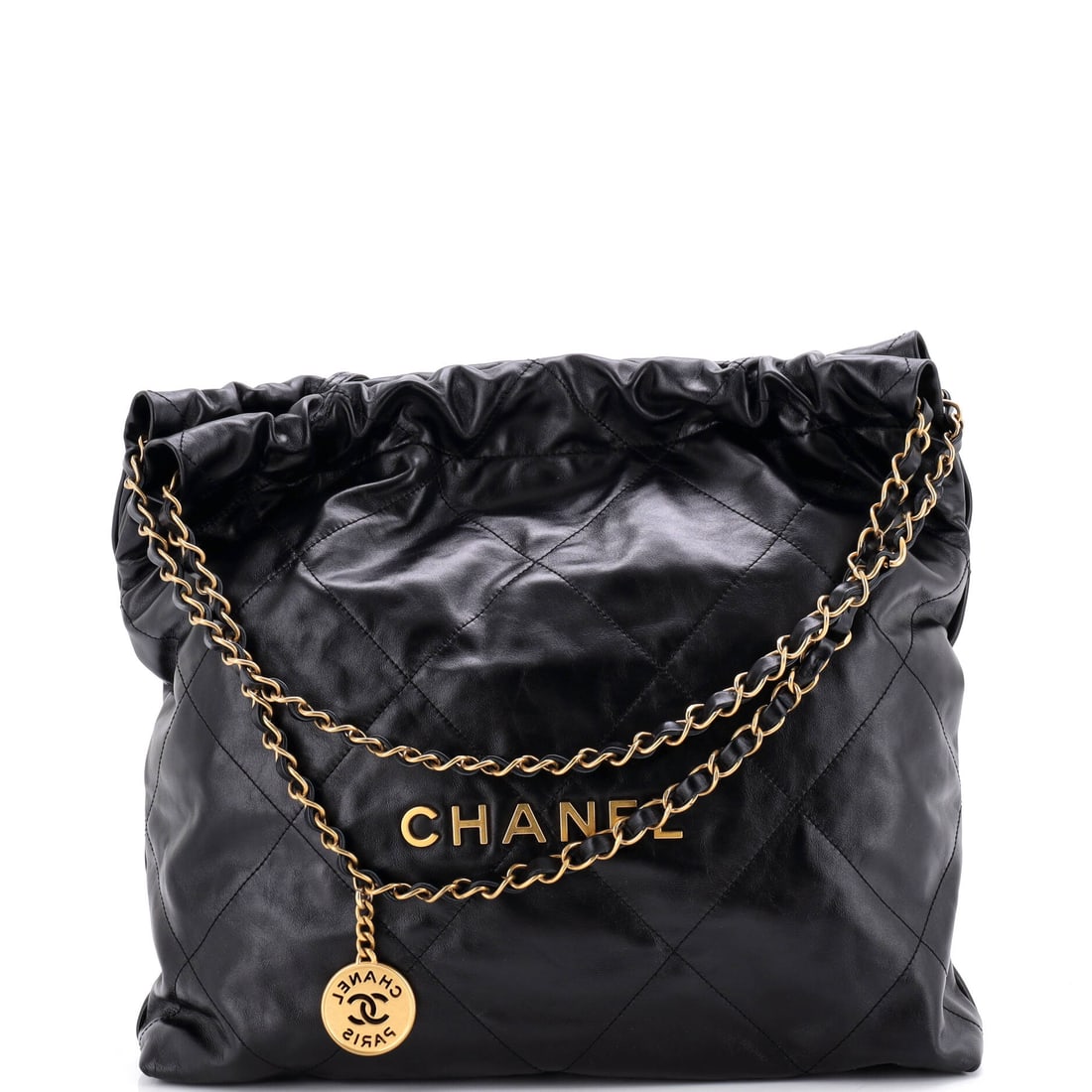 Chanel 22 Chain Hobo Quilted Calfskin: Wider than it is tall at 14 by 13.5 in, this large 22 in quilted calfskin spreads sideways instead of climbing. The 3 in gusset keeps it relatively flat against the body despite the footprint, and the