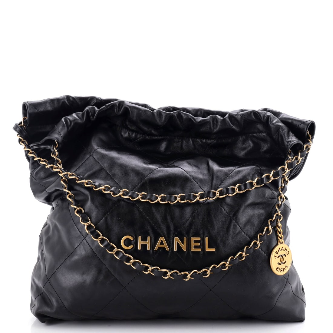 Chanel 22 Chain Hobo Quilted Calfskin: Fifteen inches of width makes this the broadest 22 in the sale, paired with a 13.5 in height and a slim 3 in depth. Quilted calfskin lets that wide panel slump into the hobo curve the line is known fo