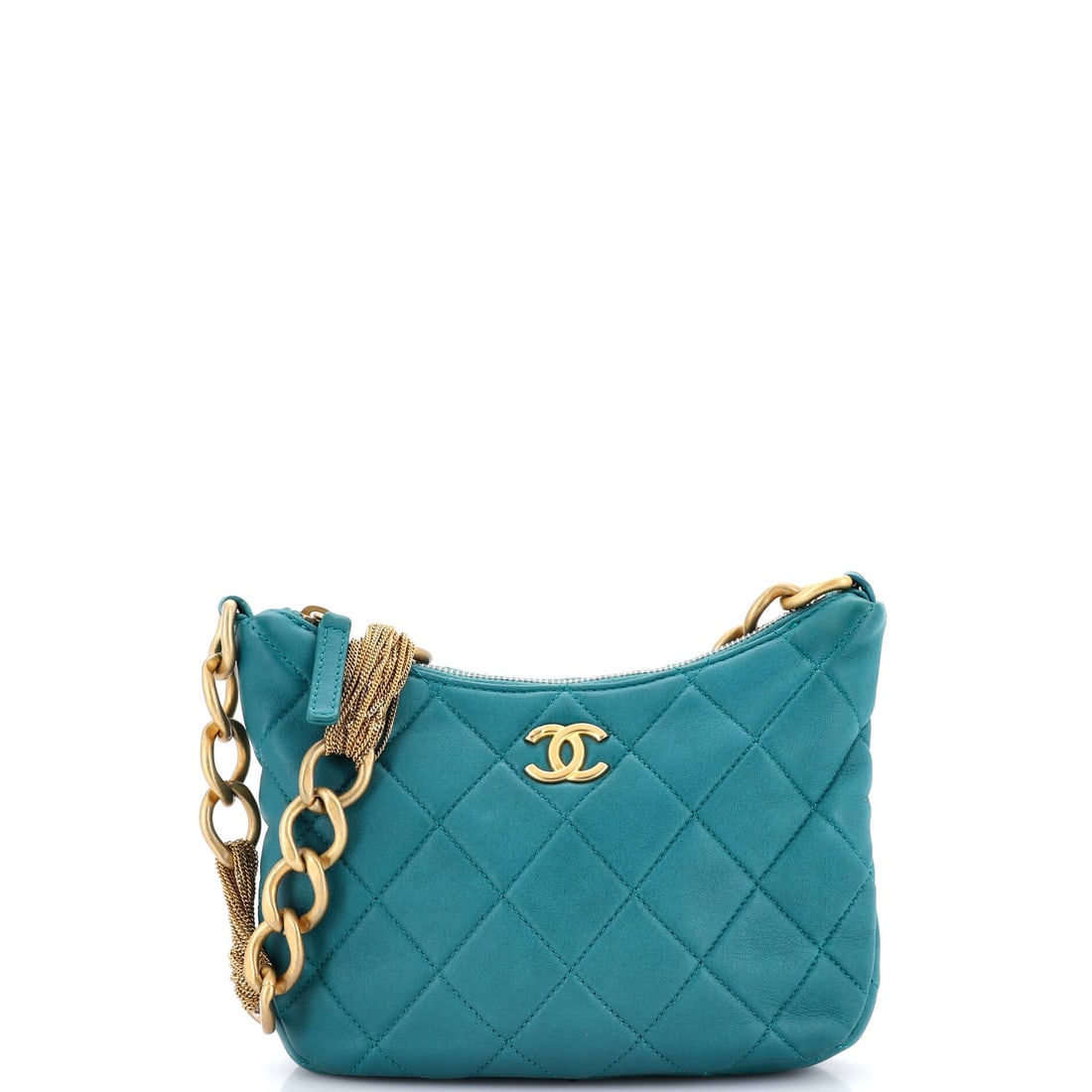 Chanel CC Mixed Chain Link Zip Hobo Quilted Lambskin: A zip-top hobo is the practical end of Chanel's chain bags, and this one keeps the mixed-link hardware doing the visual work. Eight inches wide, 6 tall and 3 deep, it holds a day's contents without go