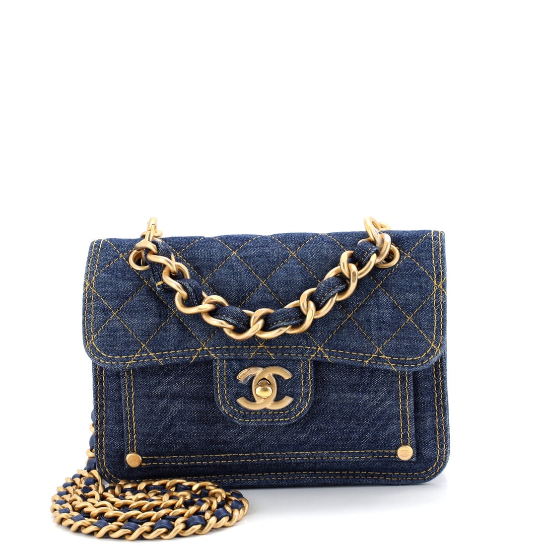 Chanel Double You CC Flap Bag Quilted Denim: Square in the face at 7.5 inches wide and the same tall, this is the smallest of the Double You CC denim flaps here, and the 3-inch depth keeps it from being merely decorative. Quilted denim gives the