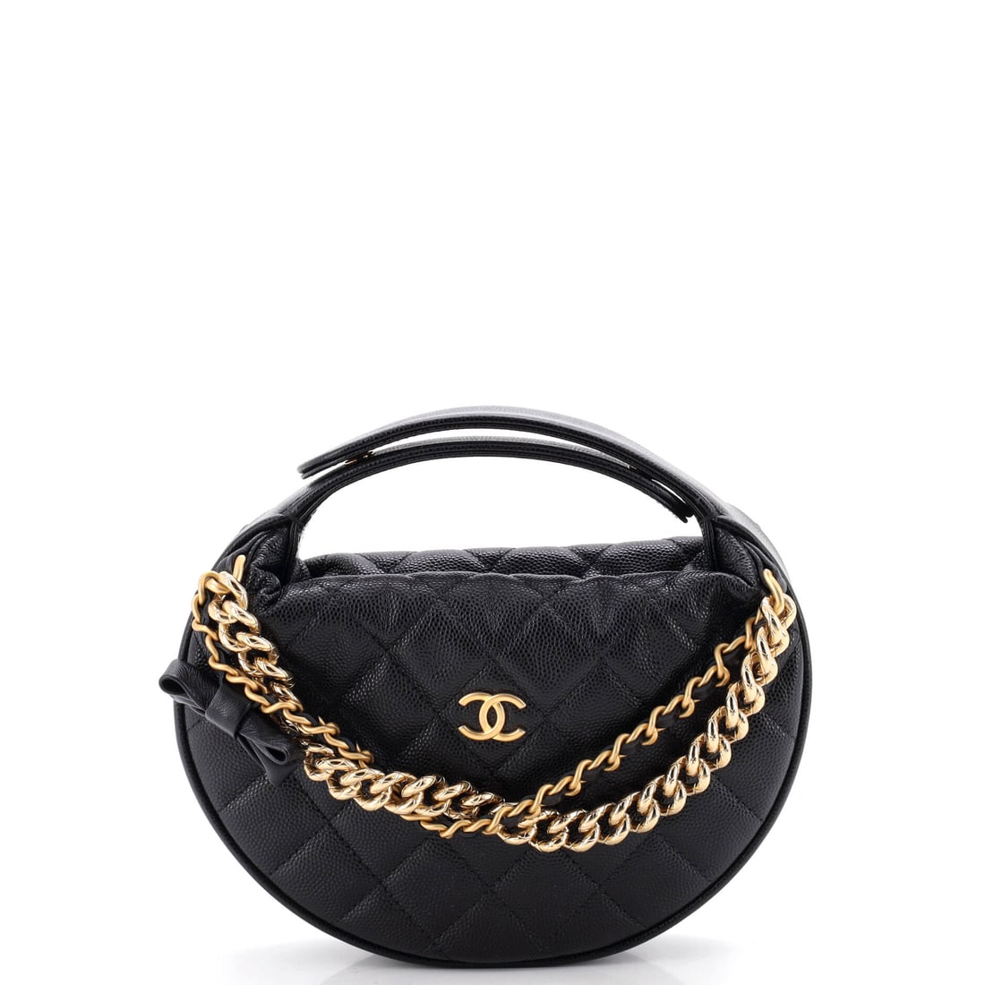 Chanel Double Chain Bow Hobo Pouch Quilted Caviar: Rounded and pouch-like rather than flat, this Bow Hobo sits at 7 by 6.5 by 3 inches, with the depth doing most of the work for capacity. Caviar quilting gives the body enough grain to resist marking t