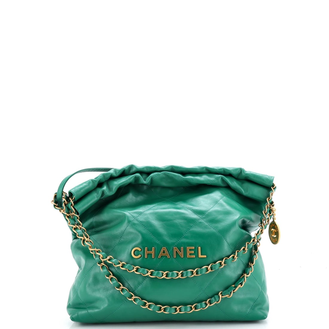 Chanel 22 Chain Hobo Quilted Calfskin: Balanced at 12 in square on a 3 in base, this 22 in quilted calfskin is the workhorse of the range. The 9 in handle drop clears a coat shoulder, and the soft leather lets the bag fold down when it is 