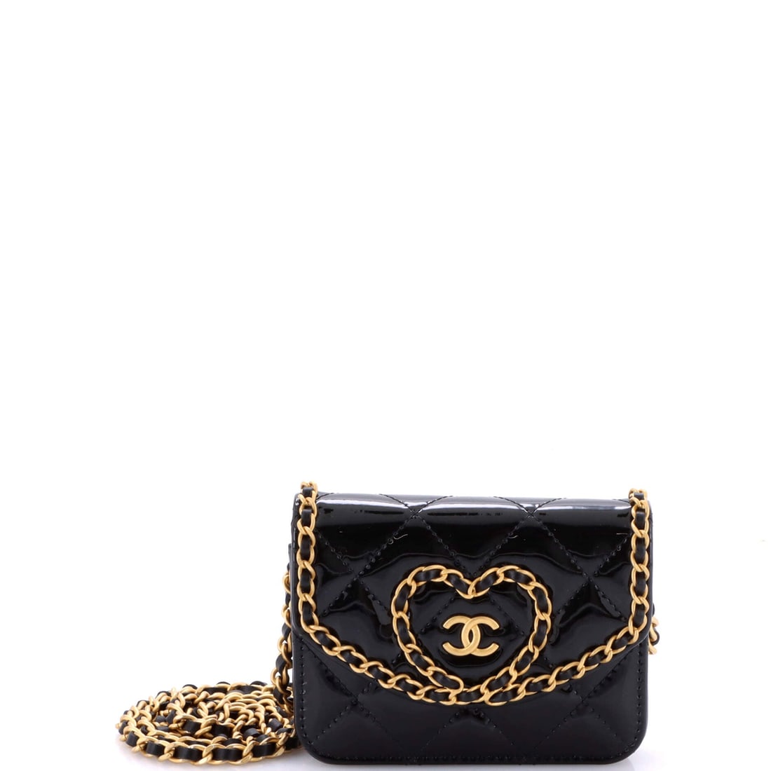 Chanel Heart Chain Flap Bag Quilted Patent: Five inches across gives this heart a little more presence than the smallest versions, and the extra width shows in the quilt count on the front panel. Patent keeps the outline crisp where softer leat