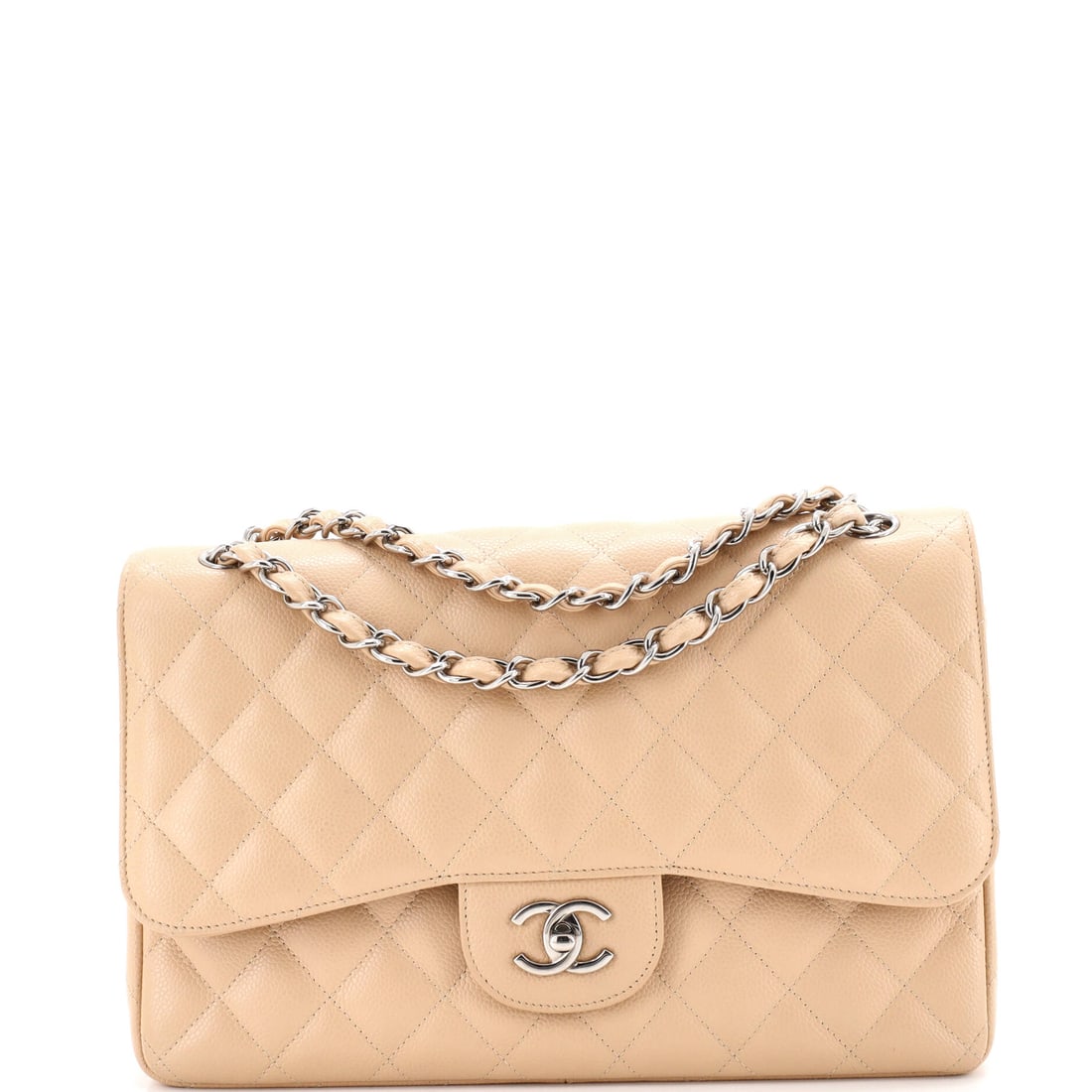 Chanel Vintage Classic Double Flap Bag Quilted Caviar: Jumbo proportions here: 11.5 inches wide, 8 high and 3 deep, with the double flap's second compartment behind the front. The chain doubles to a 12 in shoulder drop or extends to 22 in crossbody. Cavia