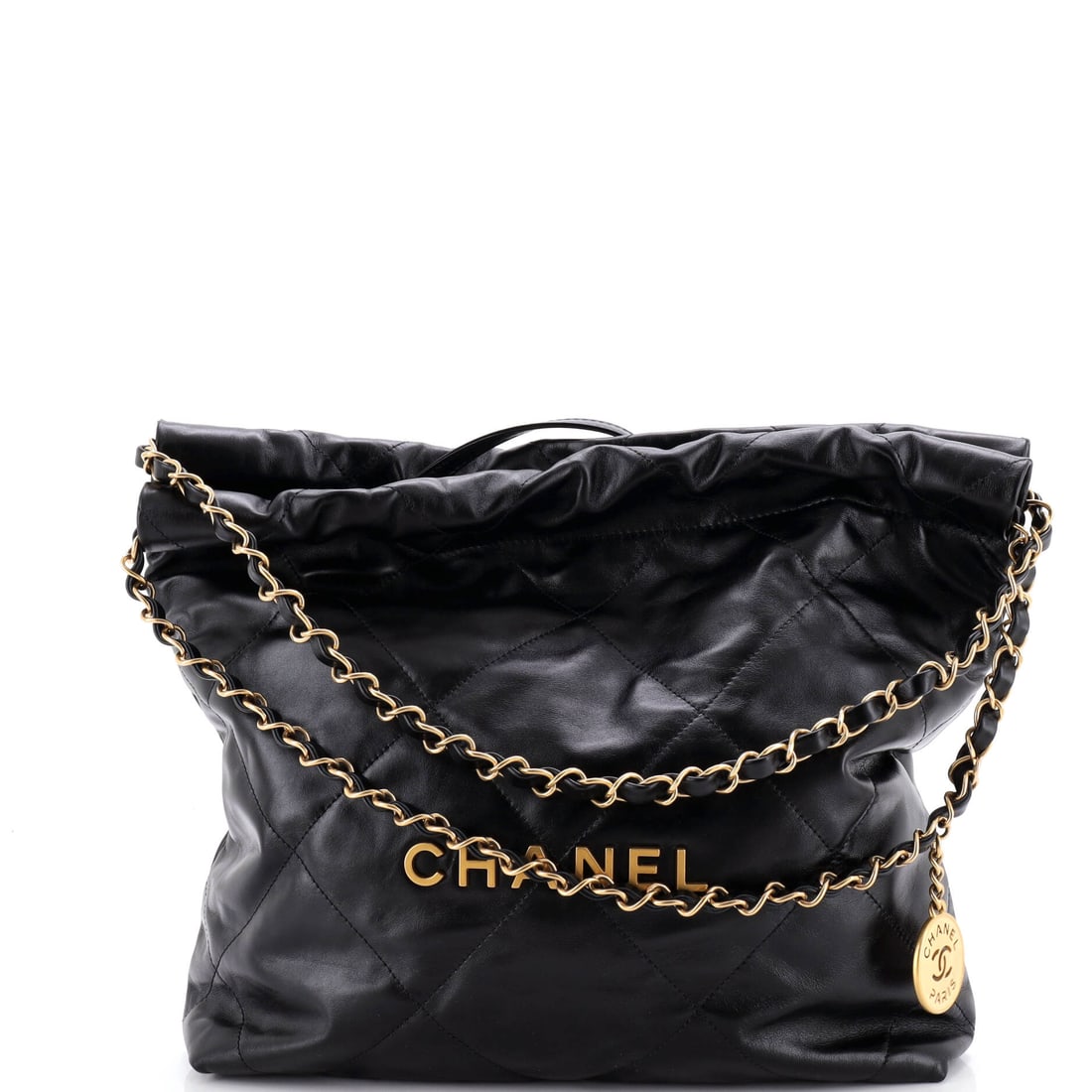 Chanel 22 Chain Hobo Quilted Calfskin: Handle drop is the deciding spec on a medium 22, and 9 in here means genuine shoulder carry over outerwear. The body holds a 12 in square with 3 in of depth, the quilted calfskin soft enough to move w