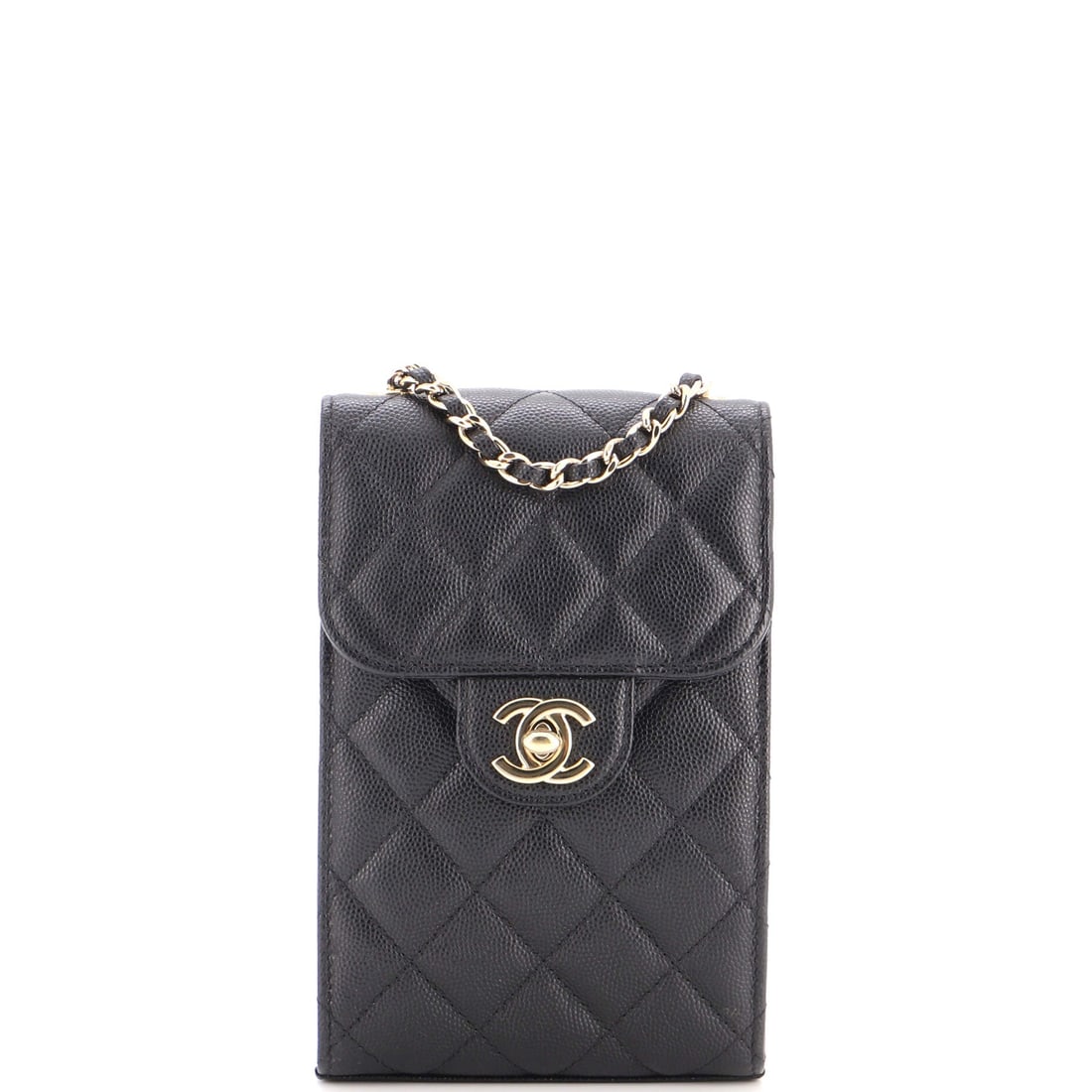 Chanel CC Flap Phone Holder Crossbody Bag Quilted Caviar: In the phone holder format, caviar gives a small bag the resistance to scuffing that constant crossbody wear demands. At 4.5 by 7.5 inches with 2 inches of depth, it takes a phone, cards and a key wit
