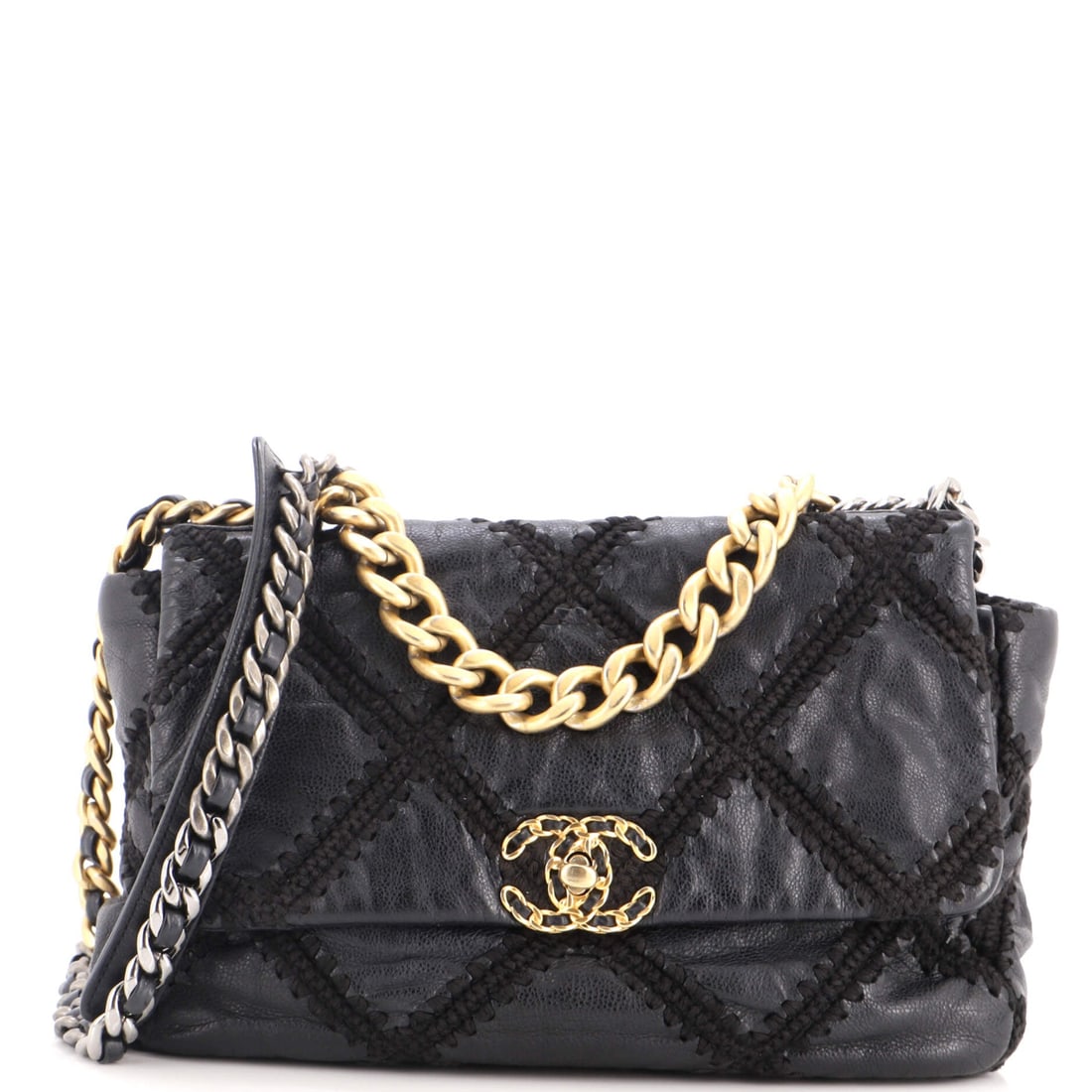 Chanel 19 Flap Bag Crochet Quilted Calfskin: Slightly larger than the standard cut, this crochet-quilted calfskin example runs 11 inches wide and 7.5 inches tall with a 3.5 inch depth, enough to swallow a small tablet. The condition is Grade C -
