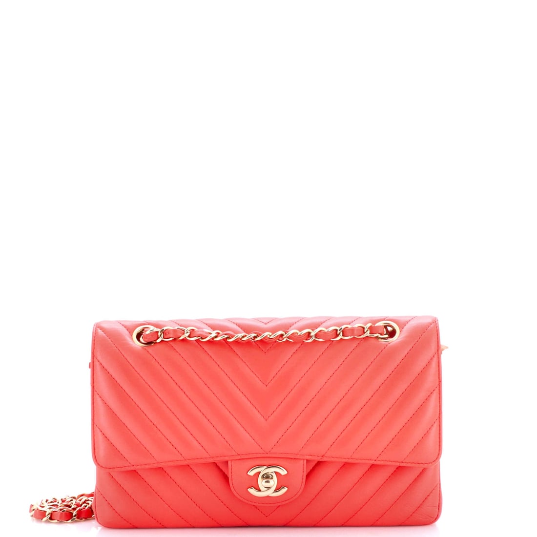 Chanel Classic Double Flap Bag Chevron Lambskin: Diagonal chevron panels give the medium Classic a cleaner, more architectural face than the diamond version, particularly in lambskin. Ten by 6 by 3 inches is the size that carries from desk to dinner