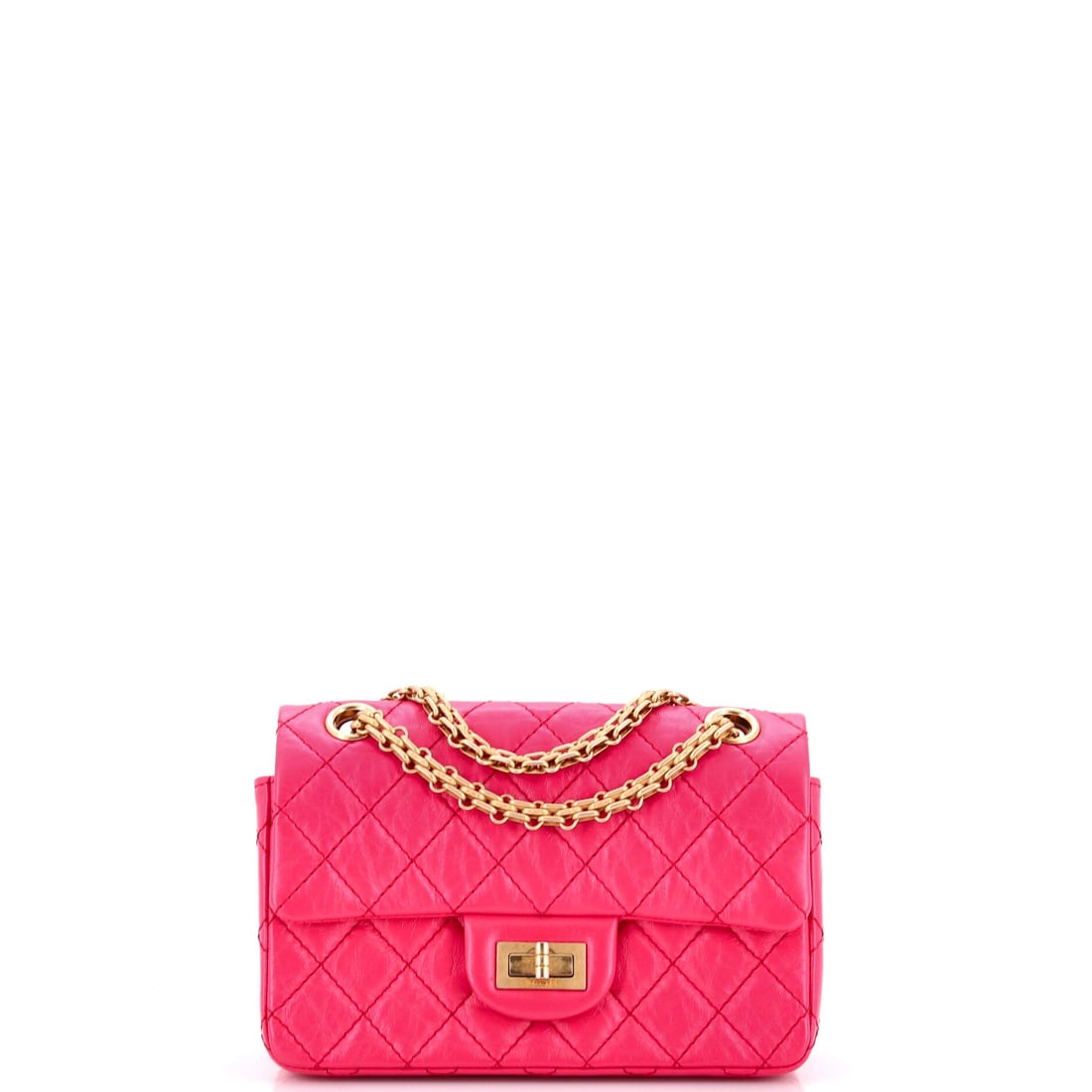 Chanel Reissue 2.55 Flap Bag Quilted Aged Calfskin: The mademoiselle lock, not the CC turnlock, is what separates a Reissue from a Classic Flap, and it anchors this 7.5 x 5 in example cleanly. Aged calfskin absorbs handling in a way lambskin does not. 