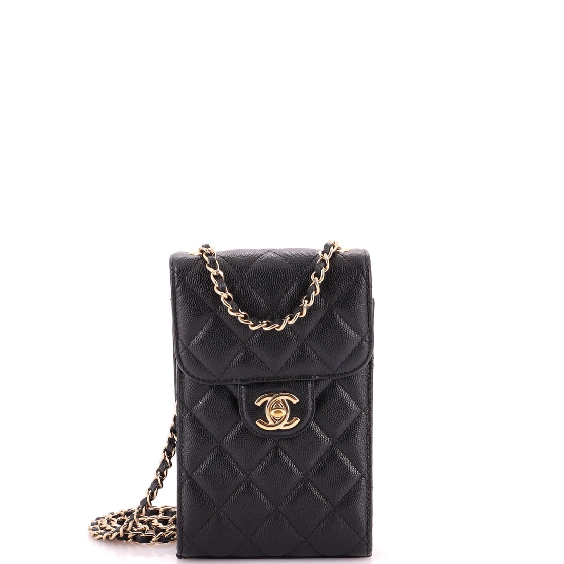 Chanel CC Flap Phone Holder Crossbody Bag Quilted Caviar: Small caviar crossbodies get worn hard, and the 24 inch strap drop here explains why: hands free, bag at the hip, no adjustment needed. Its 4.5 by 7.5 inch body is upright rather than wide, which keep