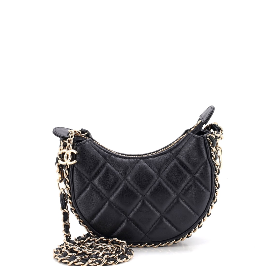 Chanel Chain Around Hook Hobo Quilted Lambskin: The hook fastening on this Chain Around hobo does what a turn-lock does with less ceremony, and the chain woven around the edge holds the soft body in line. Quilted lambskin supplies the slouch. It is