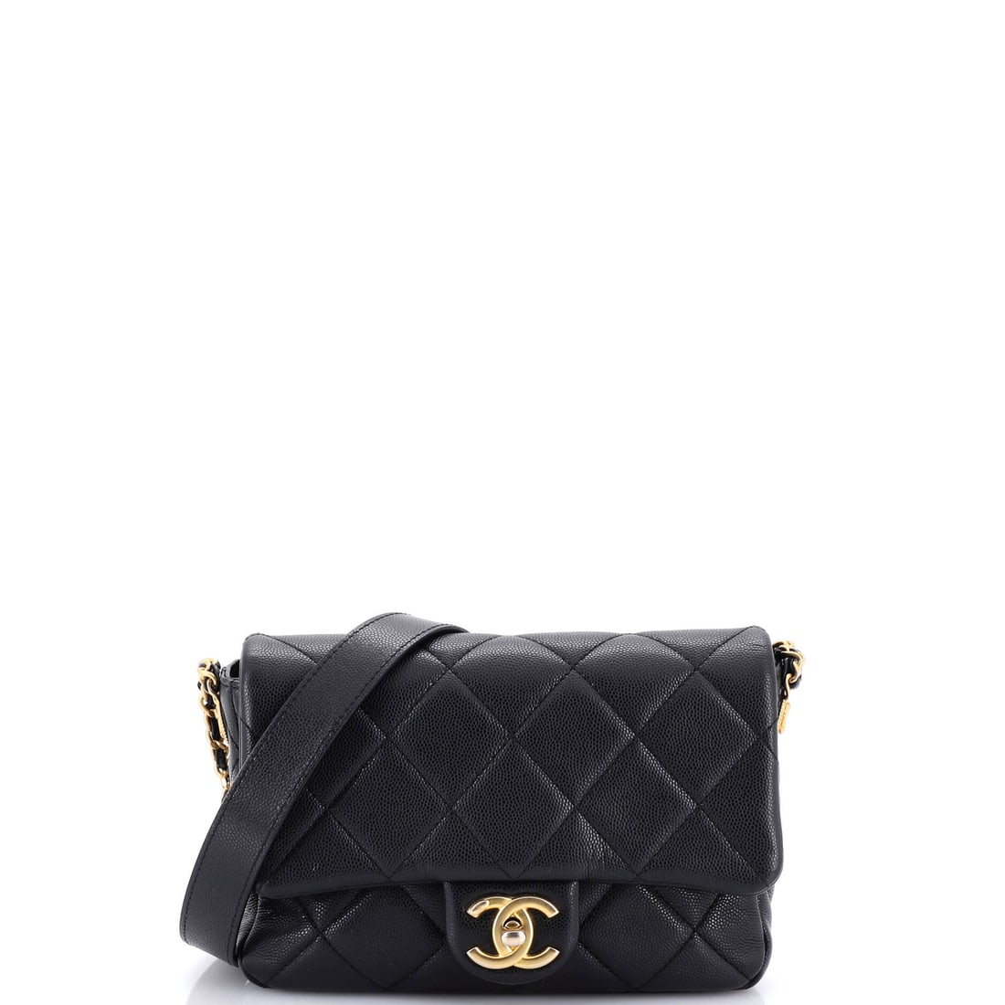 Chanel Twist Your Buttons Flap Bag Quilted Caviar: Wider at 8 inches, with 5.5 of height and 2.5 of depth, this Twist Your Buttons flap has real interior room rather than novelty capacity. The 21 in chain places it on the hip, so the bag can carry a p
