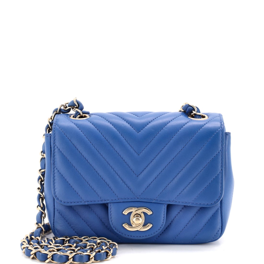 Chanel Square Classic Single Flap Bag Chevron Lambskin: Lambskin takes chevron stitching well, and on a square flap this size the pattern stays legible rather than busy. The 3 inch depth is the surprise here: a 6.5 by 5 inch bag that swallows more than its