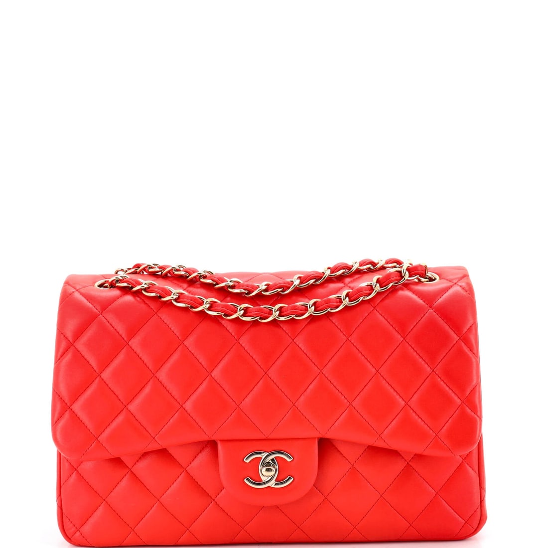 Chanel Classic Double Flap Bag Quilted Lambskin: Lambskin at 12 by 8 inches is a bolder proposition than the medium, since the quilt puffs more the more surface it covers. The chain is generous at 14 inches doubled and 24 at full drop, so crossbody 