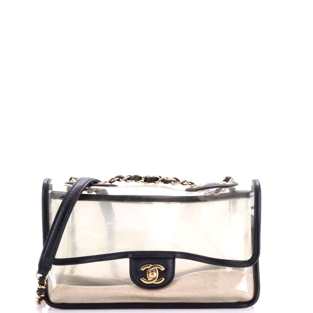 Chanel Sand By The Sea Flap Bag PVC with Lambskin: PVC panelled with lambskin is an unusual construction for a Chanel flap, and Sand By The Sea leans into it with a transparent body that shows the interior. Ten inches wide and 6 in tall, it is a full-