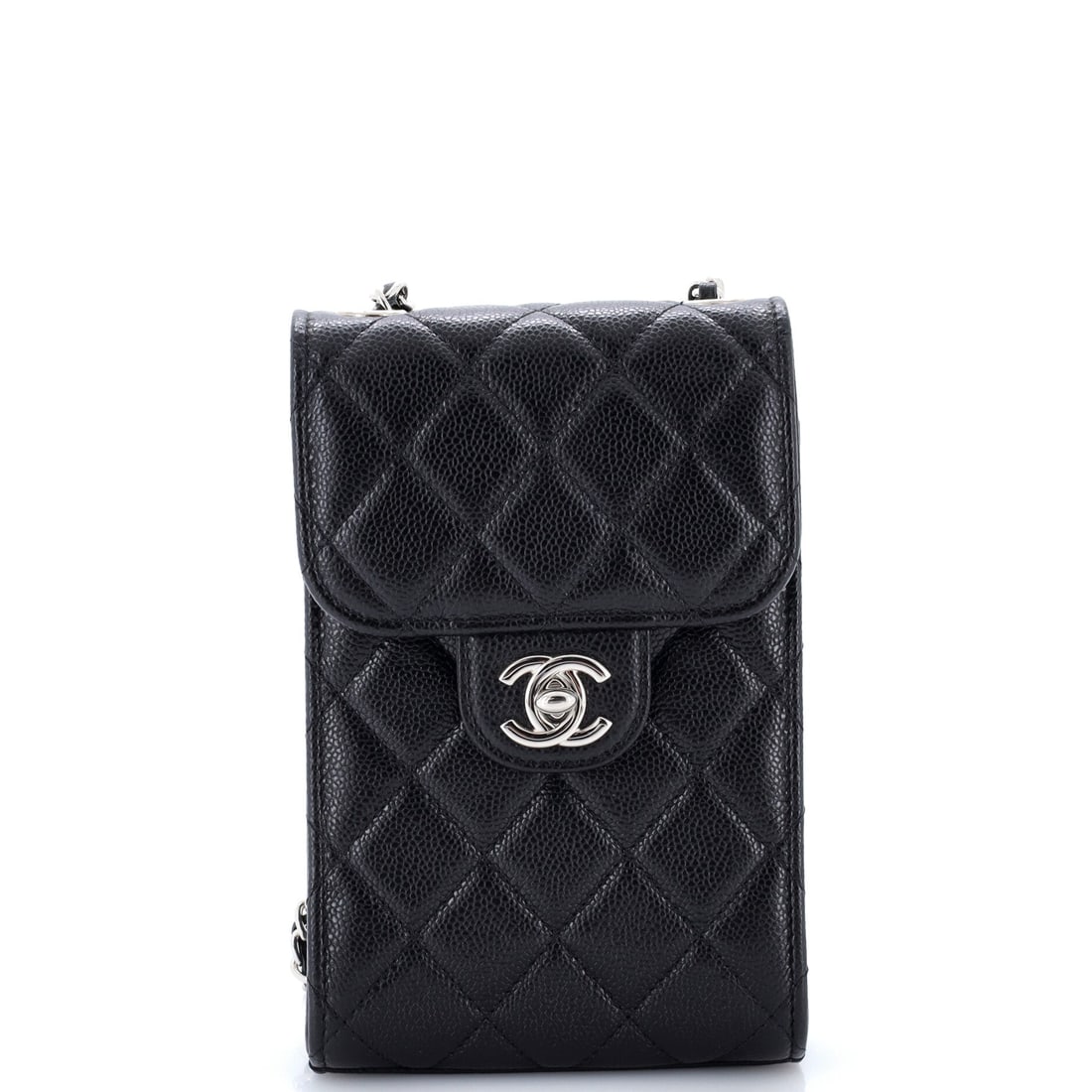 Chanel CC Flap Phone Holder Crossbody Bag Quilted Caviar: Chanel's phone holder answers a specific problem, carrying a handset and cards and nothing more, and the 4.5 by 7.5 by 2 inch case does it without bulk. Diamond quilting on caviar keeps the little pan