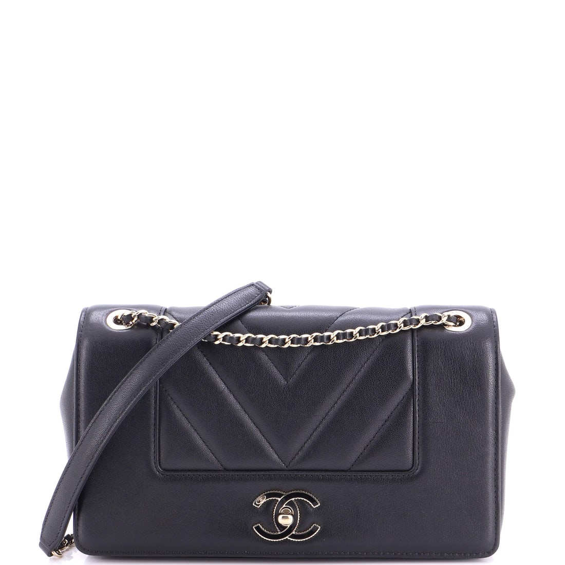 Chanel Mademoiselle Vintage Flap Bag Chevron Sheepskin: Chevron rather than diamond quilting is the tell on the Mademoiselle, and in sheepskin those ribs sit softer than they would on calf. The vertical bar turnlock instead of a CC is much of the appeal fo