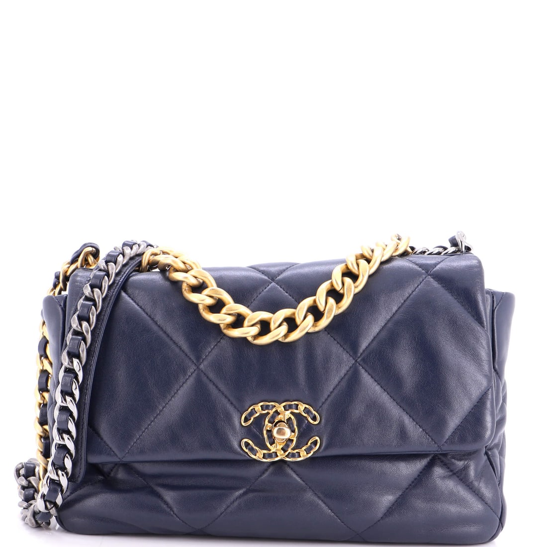 Chanel 19 Flap Bag Quilted Leather: Bigger 19s trade the evening option for capacity, and at twelve by eight inches on a four inch base this one is squarely a day bag. Its 14.5 inch strap drop and four inch handle drop are both shoulder