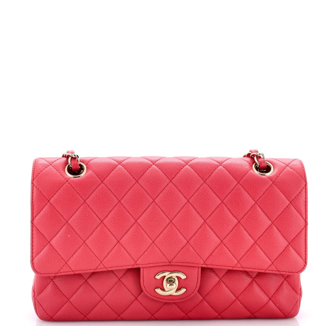 Chanel Classic Double Flap Bag Quilted Caviar: Pebbled caviar and diamond quilting, in the medium 10 by 6 inch size that anchors the whole line. A 3 inch depth and 9 inch doubled drop make it a working bag rather than an evening one; at 17 inches 