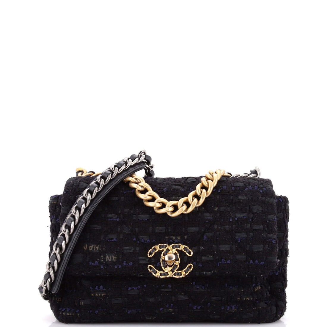 Chanel 19 Flap Bag Quilted Tweed and Ribbon: Ribbon and tweed together make a soft, slightly dressed surface, and on a 9.5 x 6 x 3 inch body the effect stays contained. The 19's turnlock and mixed chain supply the hard counterpoint. Shows as Gra