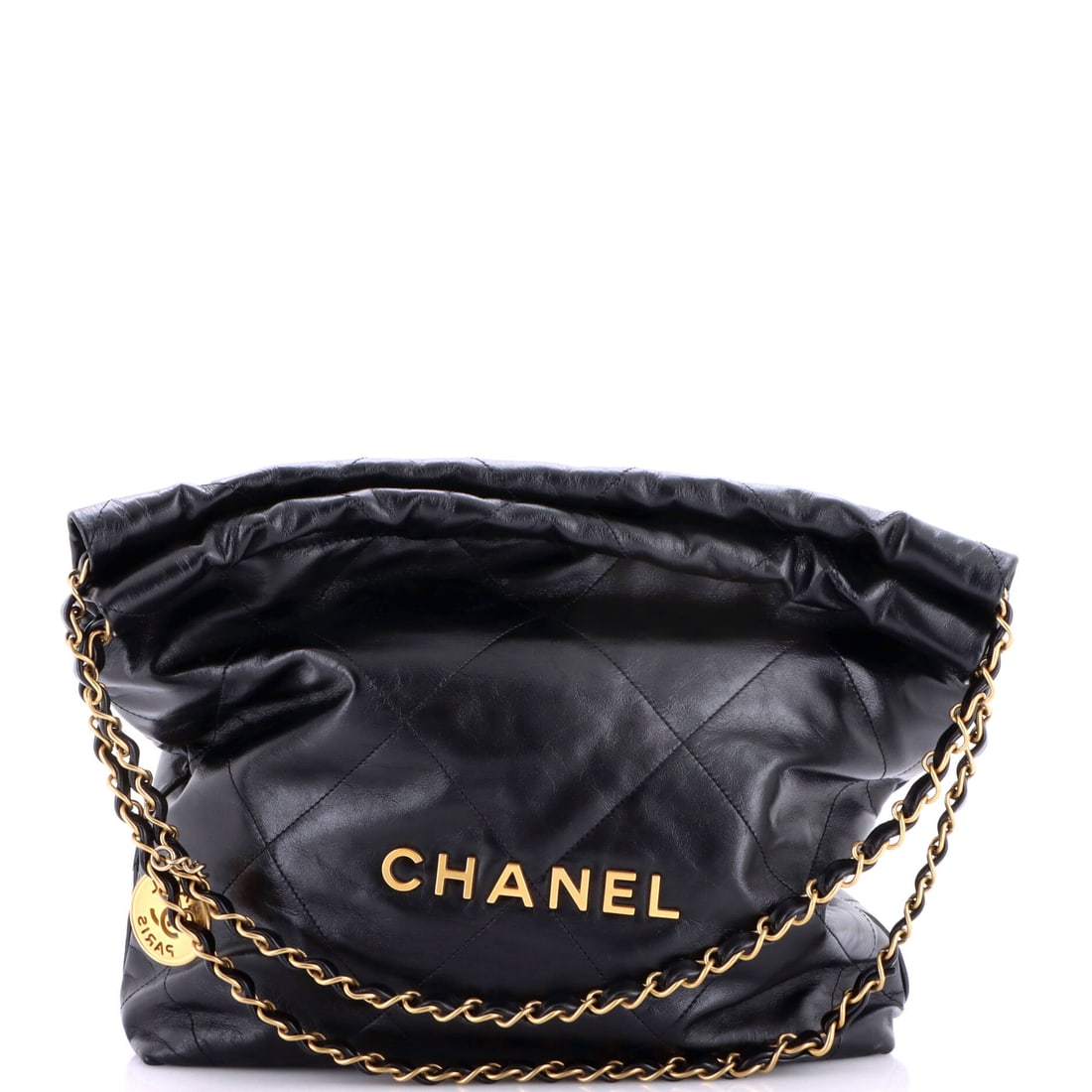 Chanel 22 Chain Hobo Quilted Calfskin: Marginally tighter than its siblings at 11.5 x 12 in, this medium 22 keeps 3 in of depth and the familiar quilted calfskin body. Its handles drop 9 in, long enough to shoulder over a jacket. Grade B -
