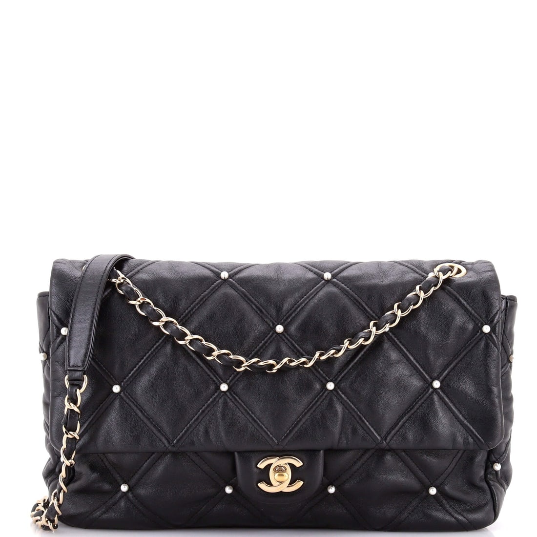 Chanel CC Flap Bag Pearl Studded Quilted Lambskin: The pearl-studded quilting on this flap runs across a full 10 inch width, which is where the decoration earns its scale. A 21 inch strap drop clears crossbody wear, and doubling the chain to an 11 inc