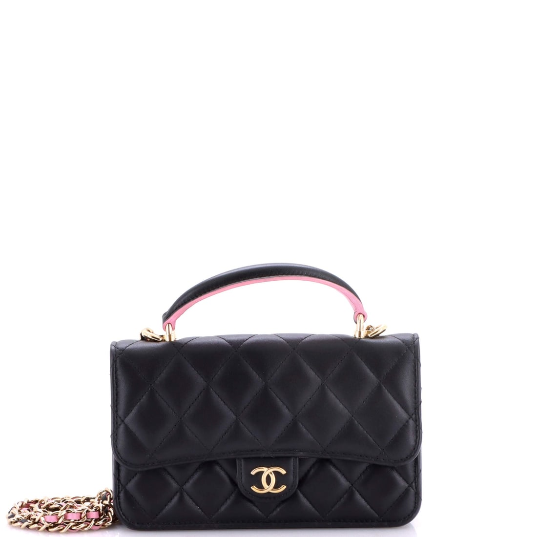 Chanel Classic Top Handle Flap Phone Holder with Chain Quilted Lambskin: Quilted lambskin on something this small forces the diamonds down in scale, and the result reads closer to jewelry than luggage. Grade B - Excellent, clean and lightly used. Measurements of 6.5 by 4 i