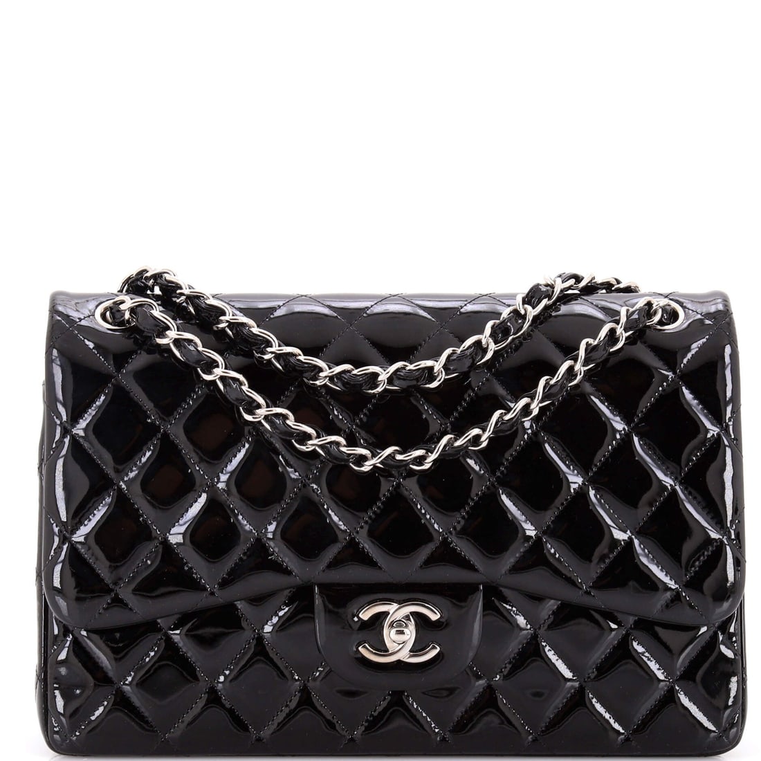 Chanel Classic Double Flap Bag Quilted Patent: Glossy patent over diamond quilting, with the CC turnlock closing above the interior flap and a slip pocket at the back. An 11.5 in width and 8 in height take a day's contents, and the 3.5 in base kee