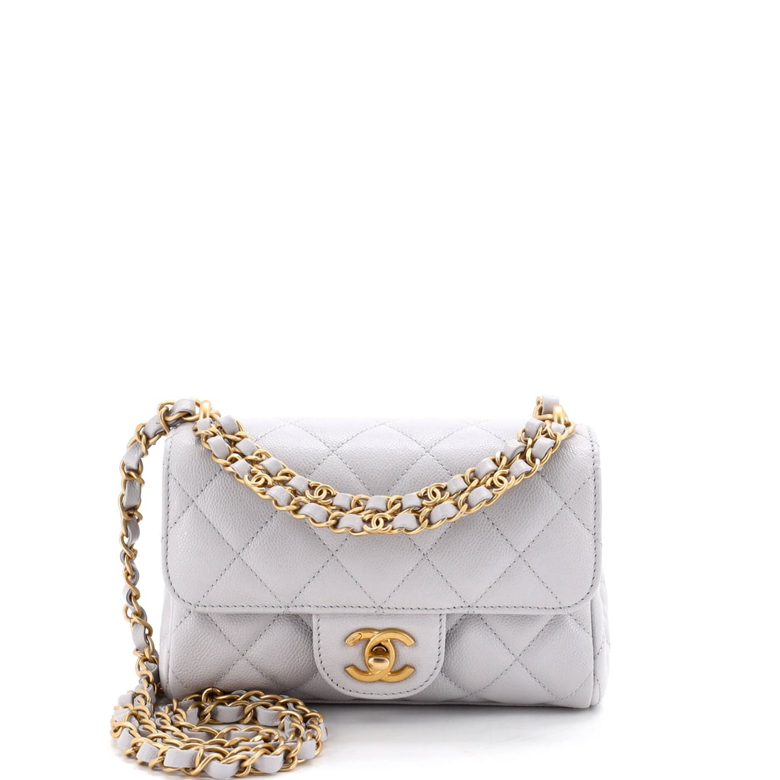 Chanel CC Double Chain Handle Flap Bag Quilted Caviar: Two chain handles define this small quilted caviar flap, one pair short at a 2.5 inch drop for a hand-carried grip, the other long enough at 22 inches to wear across the body. Caviar leather holds its