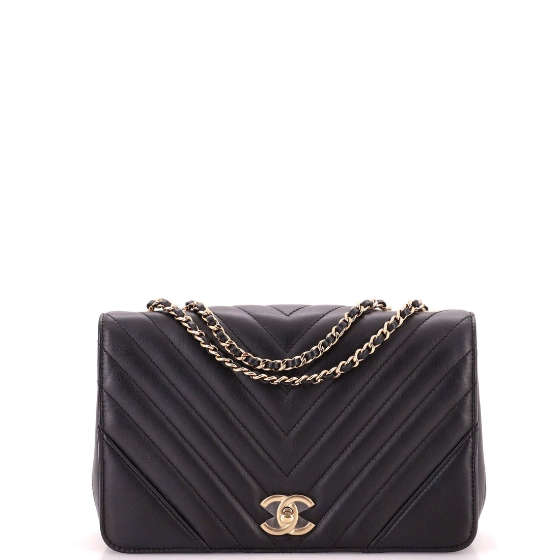 Chanel Statement Flap Bag Chevron Calfskin: The Statement silhouette is built on width, and even at 9 inches this one keeps the elongated stance the model is known for. Chevron calfskin brings the seams together cleanly at the centre, while a 3