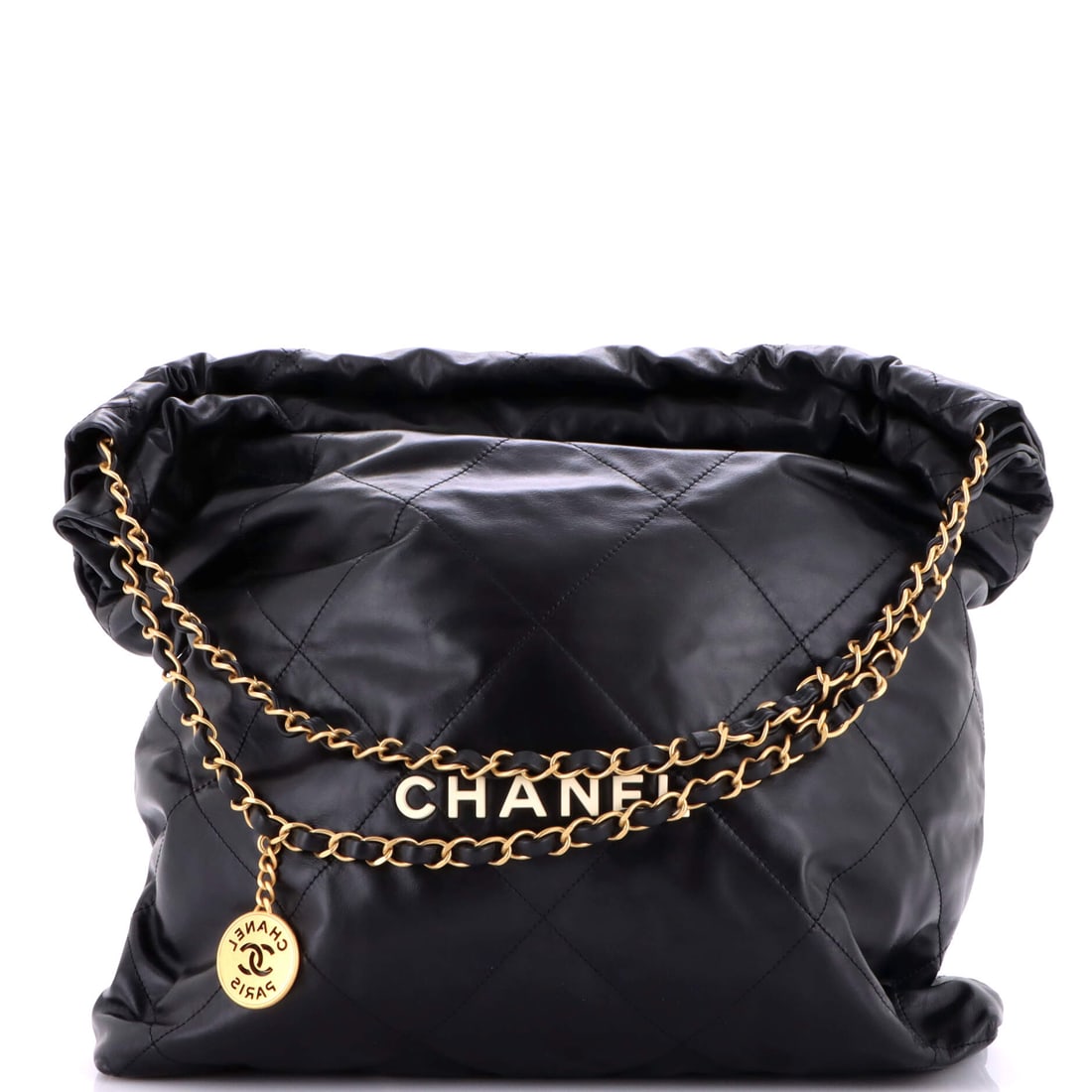 Chanel 22 Chain Hobo Quilted Calfskin: The biggest 22 here, at 15 in wide, 17 in tall and 4 in deep, moves the model into travel territory. Quilted calfskin at that scale slumps generously, and the 7 in handle drop keeps the height managea