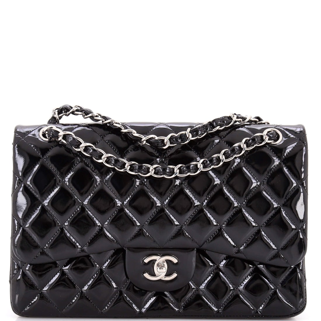 Chanel Classic Double Flap Bag Quilted Patent: Chain-and-leather straps decide how a jumbo-scale flap actually wears, and this one gives 11 in doubled or 20 in run single. Patent throws light off the quilt panels instead of absorbing it, a sharper