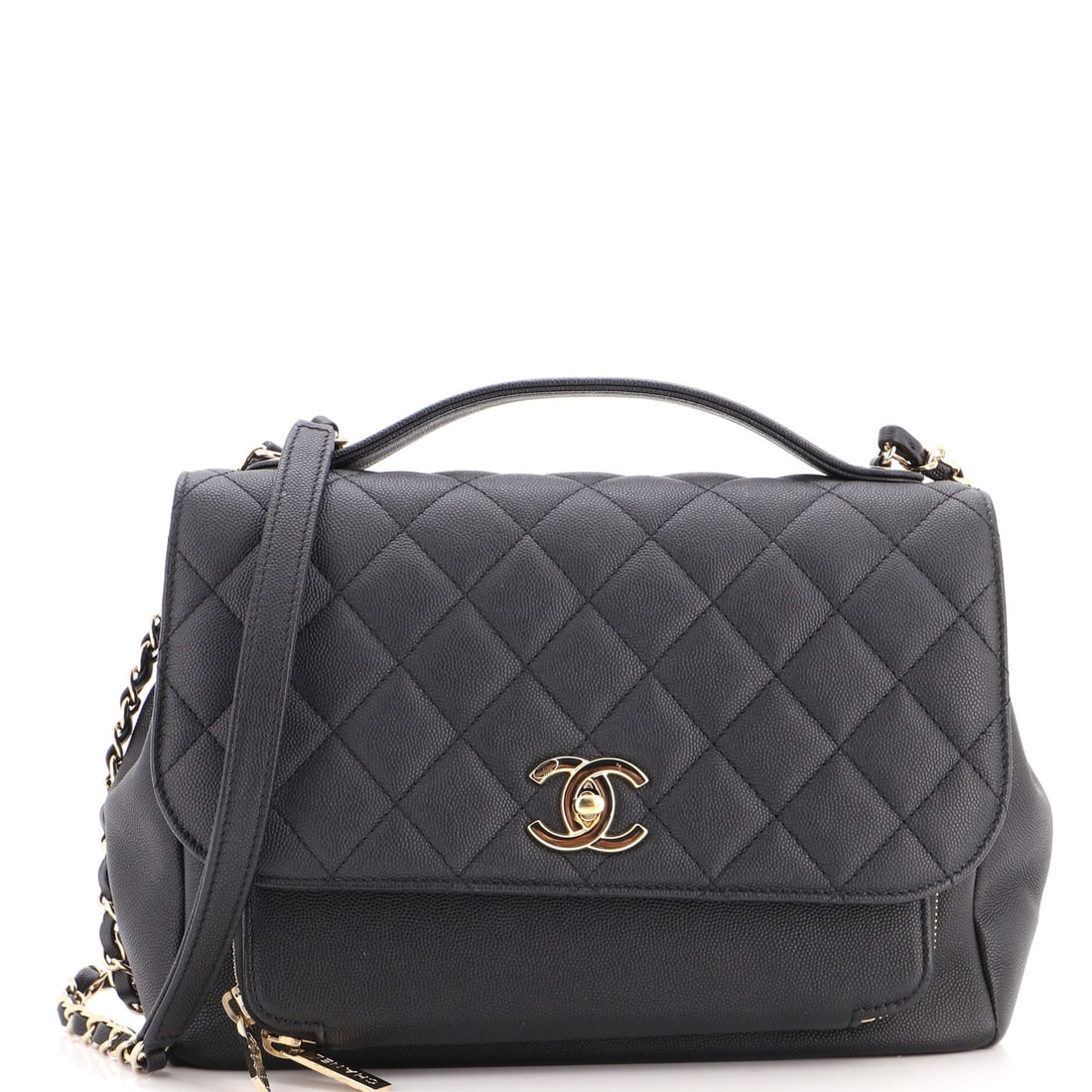 Chanel Business Affinity Flap Bag Quilted Caviar: Scaled up to W 10.5 x H 8 x D 4 in, this Business Affinity crosses into tote territory, with enough depth and height to take a tablet lying flat. The 2 in handle allows a hand carry and the 22 in chai