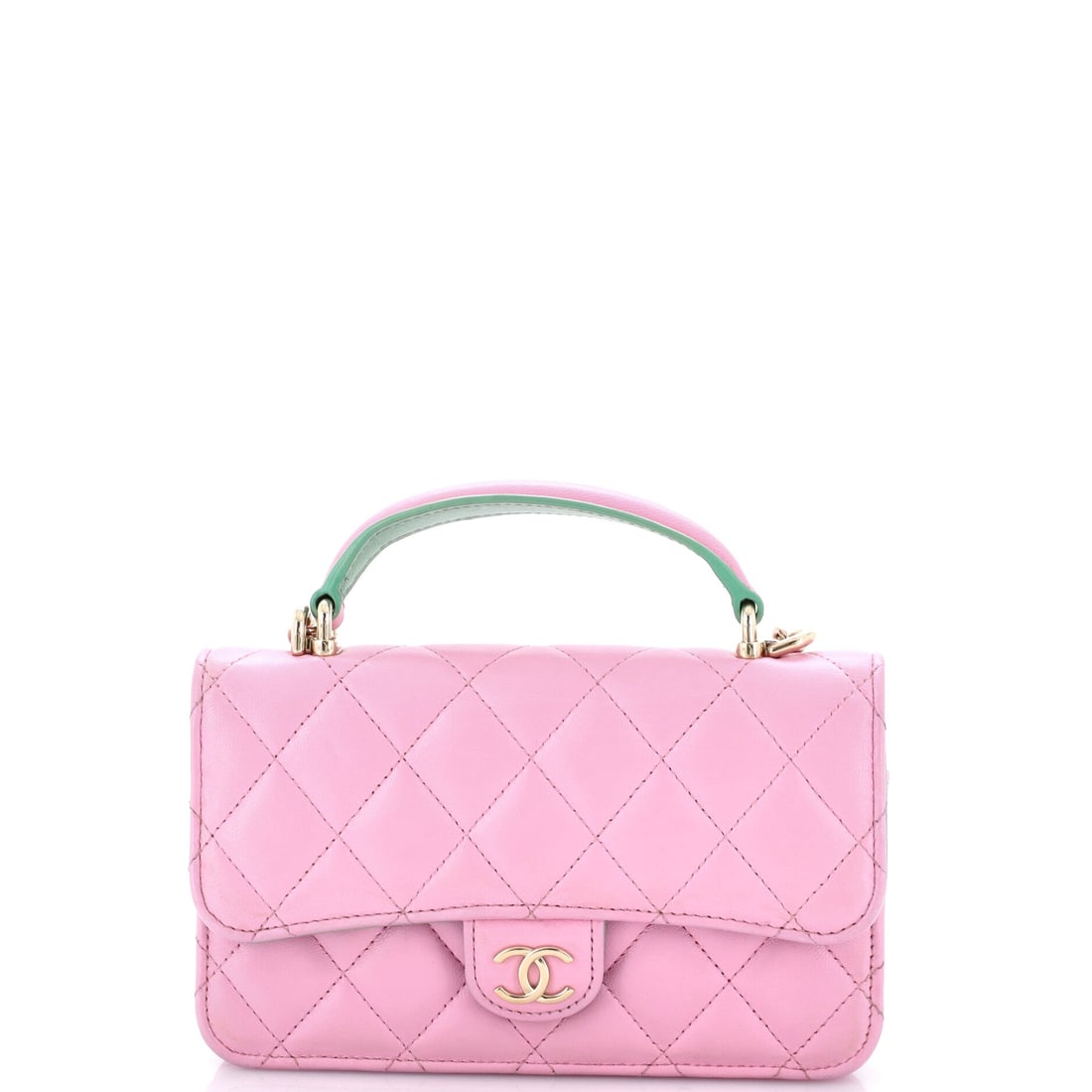 Chanel Classic Top Handle Flap Phone Holder with Chain Quilted Lambskin: Flat, rectangular and barely 1.5 inches deep, this phone holder is built to disappear against the body on its chain. Assessed at Grade B - Excellent. The 6.5 by 4 inch face is sized to a modern handse