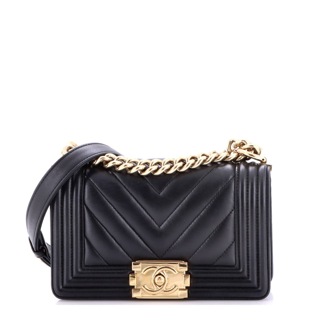 Chanel Boy Flap Bag Chevron Lambskin: Boxy, flat-bottomed and deliberately austere, the Boy reads differently on the shoulder than a Classic Flap does, and the chevron lambskin here keeps the surface graphic rather than plush. Dimensions 