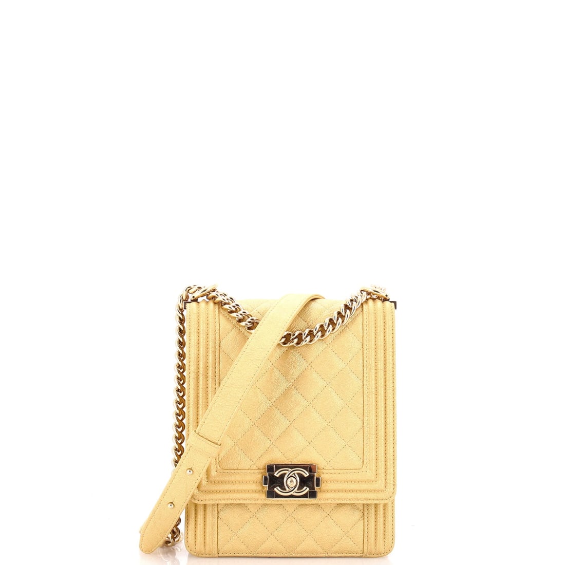 Chanel North South Boy Flap Bag Quilted Caviar: Caviar leather on a Boy is the practical combination, pebbled and hard-wearing and largely indifferent to weather. Vertical at 6 by 8 inches and only 2 inches deep, it hugs the body; the 20.5 inch str