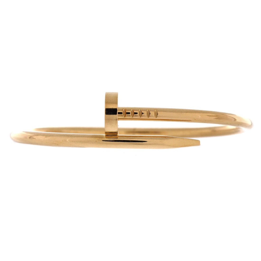 Cartier Juste un Clou Bracelet 18K Yellow Gold: Broad shank on a small fit: 3.5 mm of yellow gold with little room to move, which makes the width read heavier here than it would on a larger wrist. Grade C - Very Good, the polish softened and the he