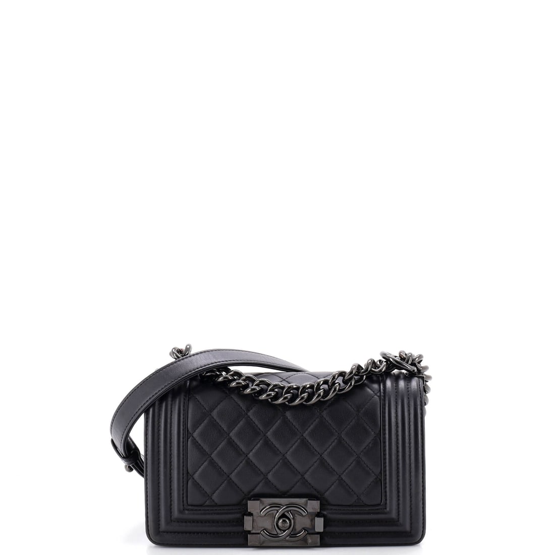 Chanel So Black Boy Flap Bag Quilted Lambskin: Lambskin gives a Boy a softer edge than the model usually wants, and in So Black the contrast between plush leather and hard push-lock is the interest. Small at 8 x 5 in, it hangs on a 22 in strap for