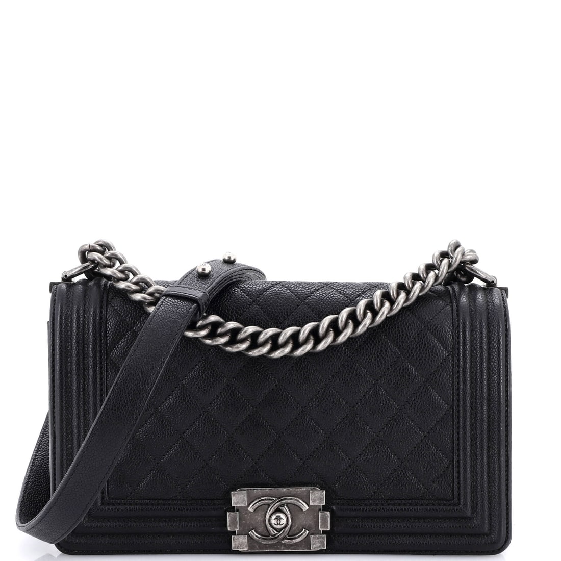 Chanel Boy Flap Bag Quilted Caviar: Caviar hides use, which is worth knowing on a bag at Grade C - Very Good, since the pebbling breaks up a surface where smooth leather would show every mark. The 10 by 6 by 3 inch body is the practical