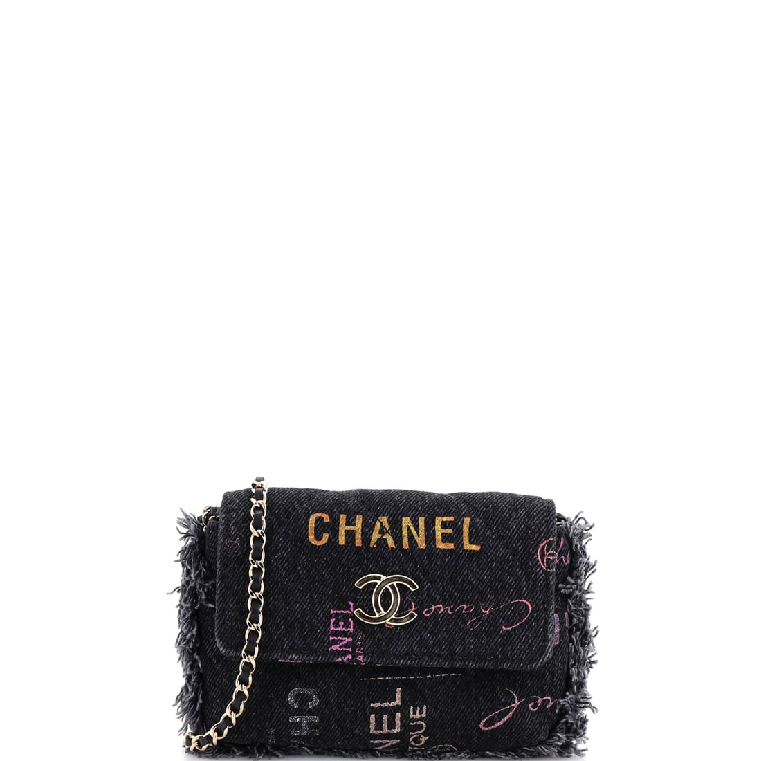Chanel Denim Mood Flap Clutch with Chain Logo Printed Quilted Fringe Denim: Five inches wide is the most compact of these clutches, which makes the fringe read proportionally longer against the body of the bag. Grade B - Excellent, with only faint signs of carry. A 4 inch hei