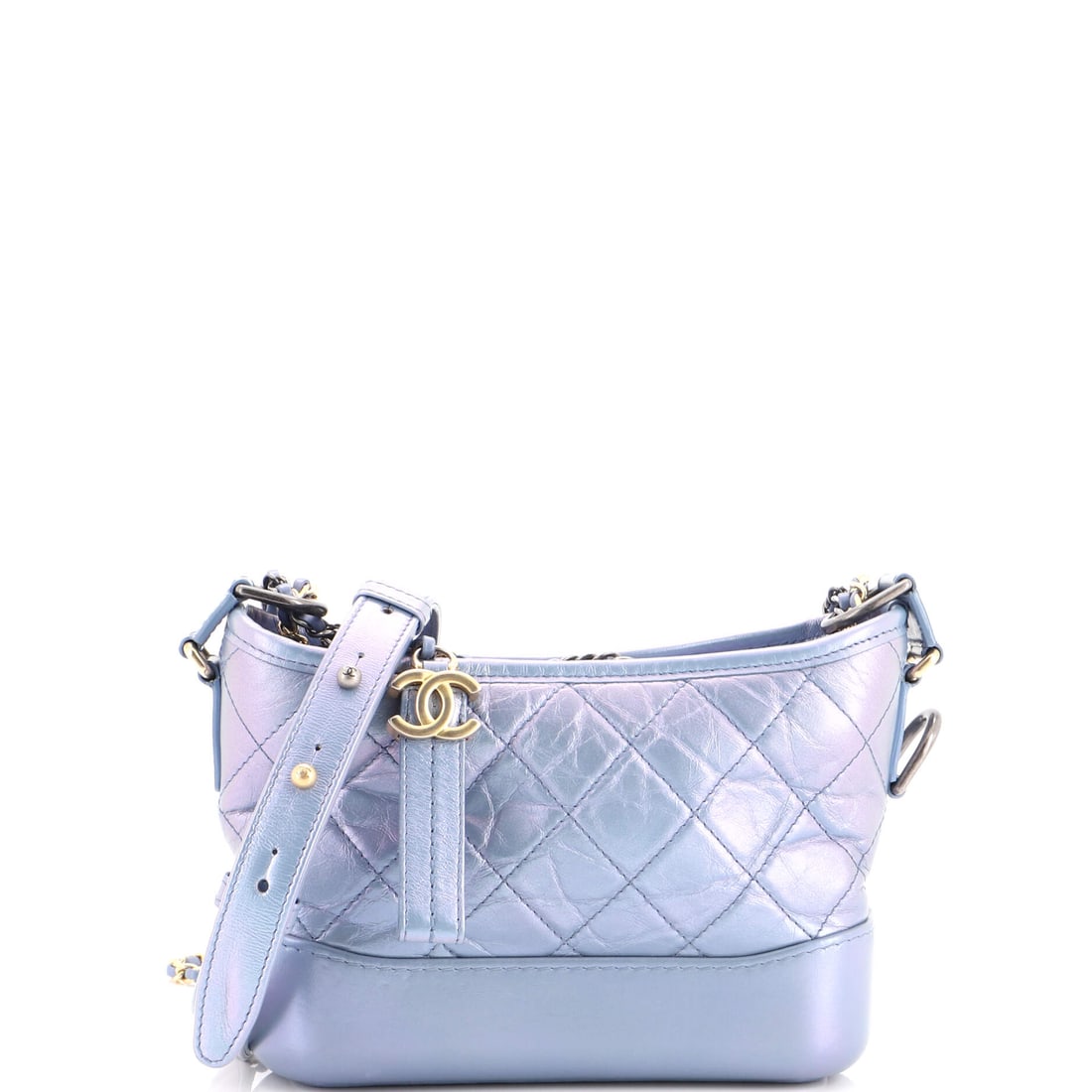 Chanel Gabrielle Hobo Quilted Iridescent Lambskin: Iridescent lambskin shifts tone as it moves, which on a quilted Gabrielle means the diamond pattern reads differently from every angle. The 8 by 6 by 3-inch body is the familiar small size, structured