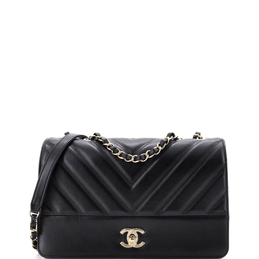 Chanel Double Stitch Full Flap Bag Chevron Lambskin: Chevron lambskin runs across the full flap in place of the usual diamond quilting, with double stitching outlining the panels. Ten inches wide by 6 high and 3 deep puts it in medium-flap territory, an