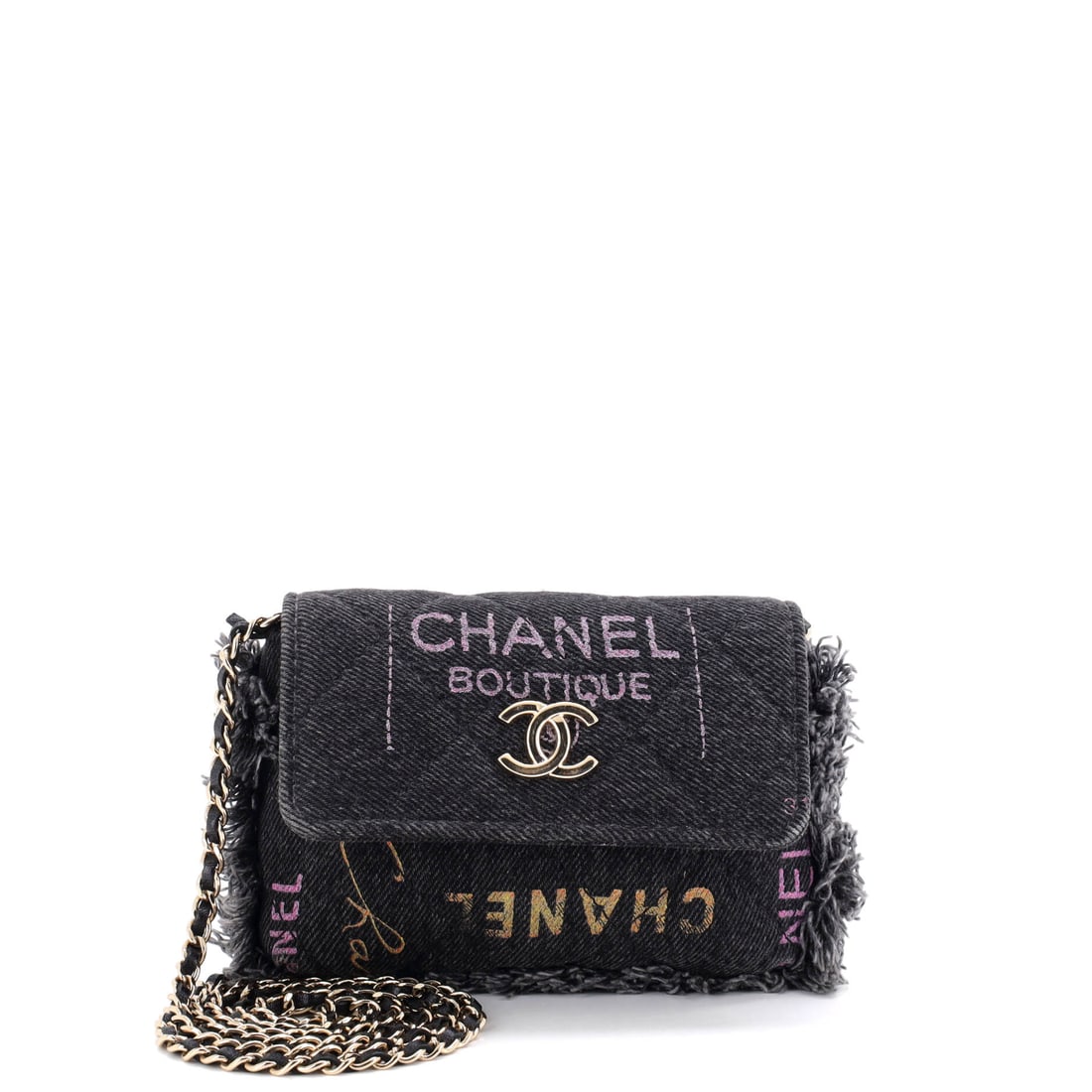 Chanel Denim Mood Flap Clutch with Chain Logo Printed Quilted Fringe Denim: Quilted denim, printed logos and a fringed edge put three ideas on one small flap, and the model gets away with all of them. Condition sits at Grade B - Excellent. At 5.5 by 4 inches with a single inc