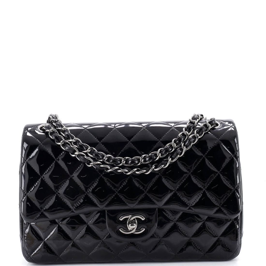 Chanel Classic Double Flap Bag Quilted Patent: Worn doubled at 11 in this sits high against the body; dropped to its full 20 in, the same bag swings lower and reads more casual. Patent quilting is the louder version of the classic flap, more refle