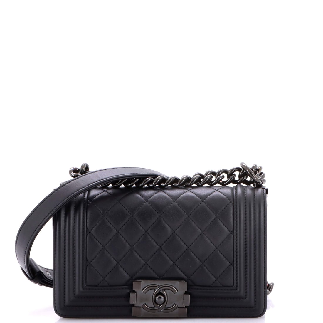 Chanel So Black Boy Flap Bag Quilted Lambskin: Down at 7.5 in wide, this Boy is the compact size, where the push-lock takes up a larger share of the flap and the silhouette reads sharper. The 12.5 in doubled drop is a high shoulder carry; at 22 in