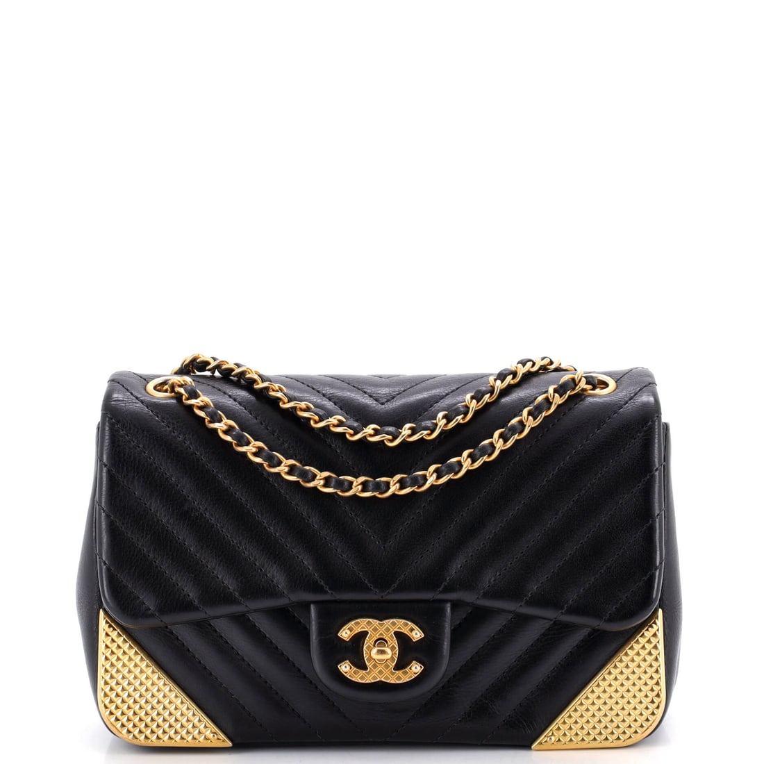 Chanel Rock the Corner Flap Bag Chevron Calfskin: Chevron calfskin instead of diamond quilting is what makes Rock the Corner recognizable, the lines meeting cleanly at the flap edge. At 8 x 5 x 3 in it is a mid-small flap, with an 18 in strap for sho